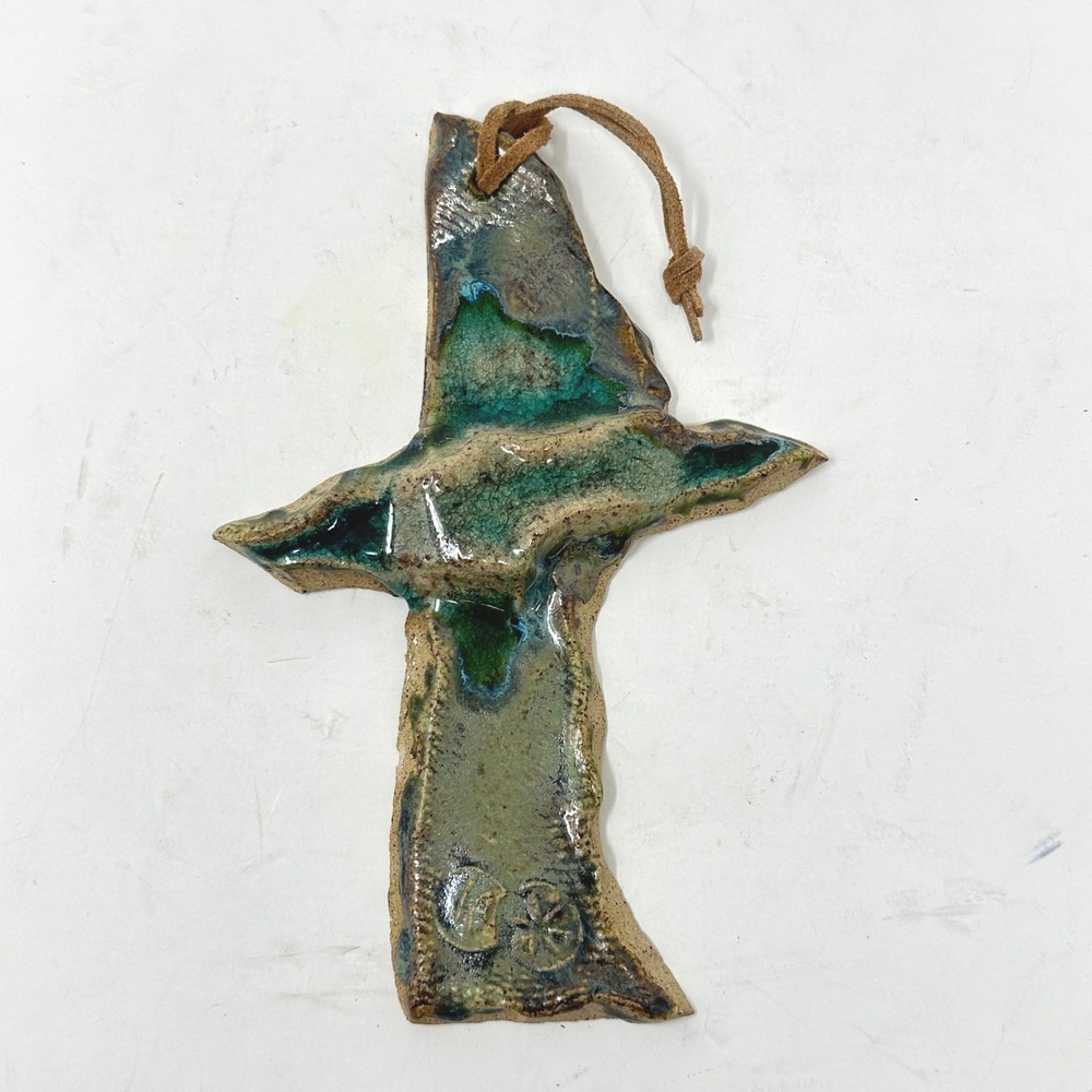 Studio Art Pottery Abstract Bird Wall Hanging Glazed Ceramic Green Blue Coastal